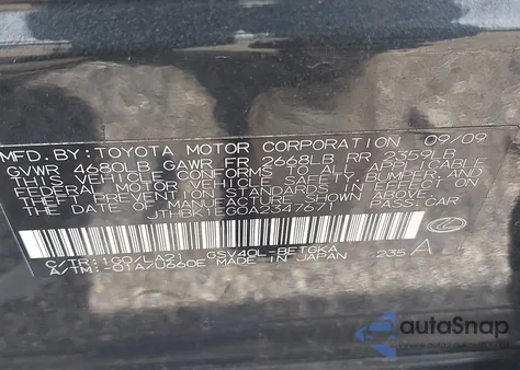 2010 Lexus Es 350 z USA, uszkodzony, nr VIN JTHBK1EG0A2347671